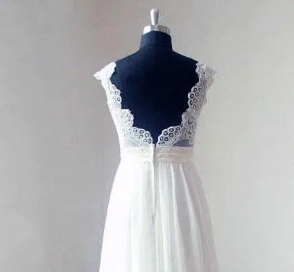 A-line V-neck Sweep Train Chiffon Lace Simple Wedding Dresses ABC00014