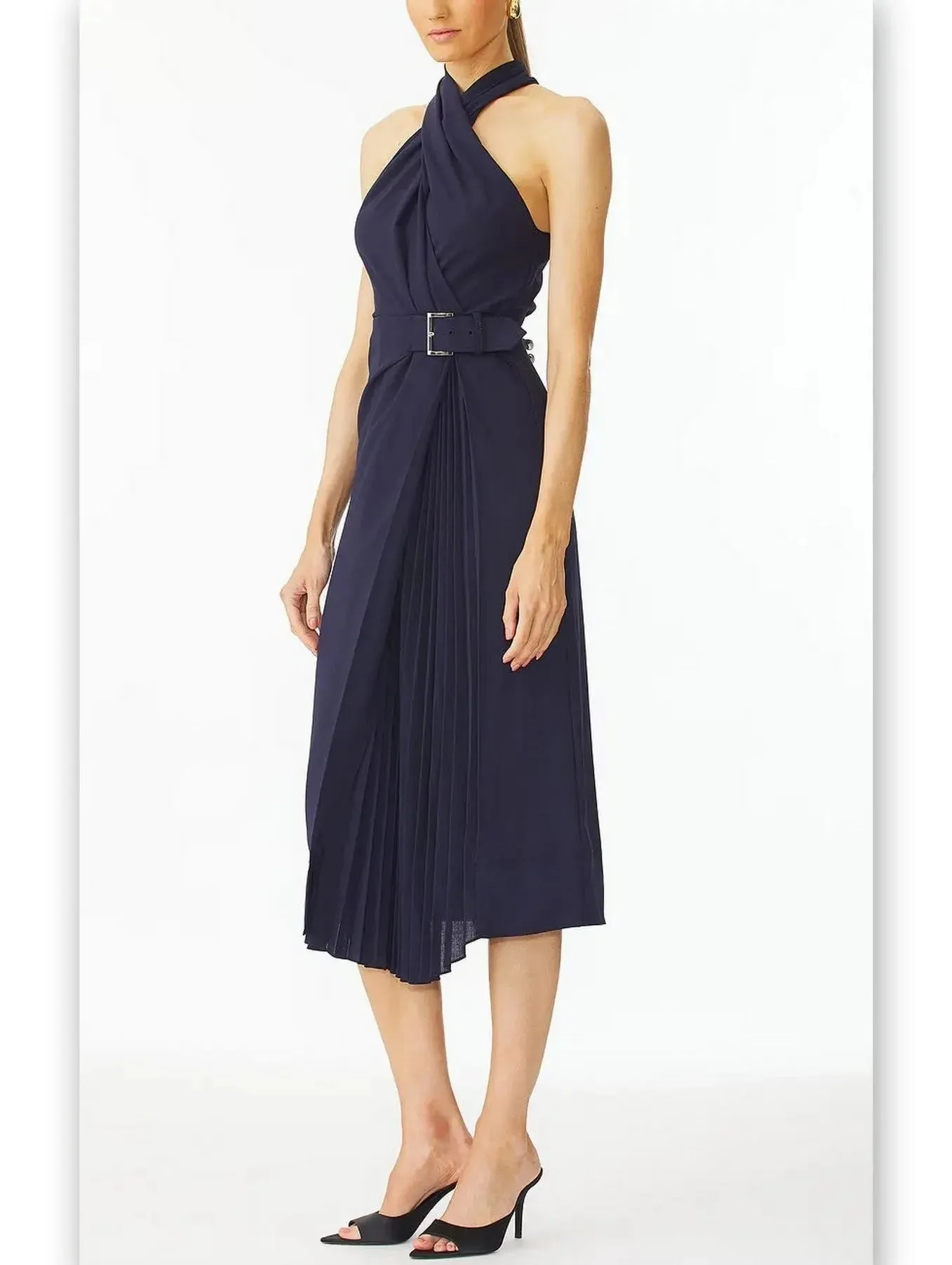 Belted Halter-Neck Pleated-Panel Midi Dress in Navy