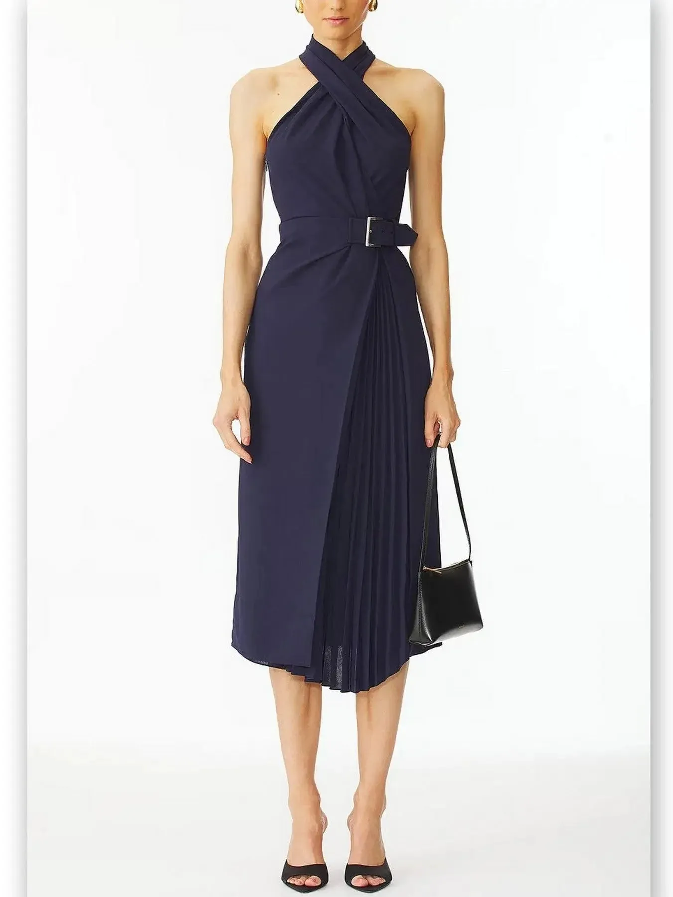 Belted Halter-Neck Pleated-Panel Midi Dress in Navy