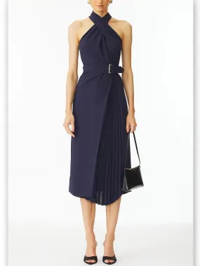 Belted Halter-Neck Pleated-Panel Midi Dress in Navy