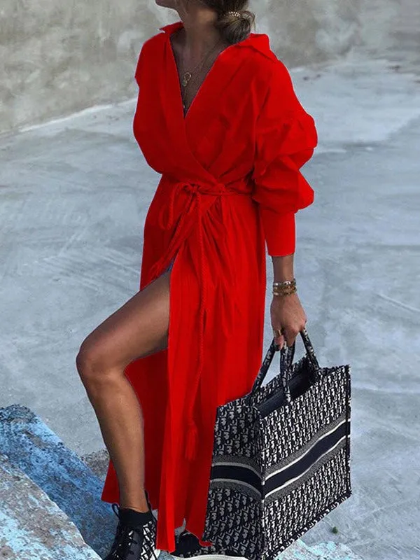 Belted Solid Color Long Sleeves Lapel Maxi Dresses