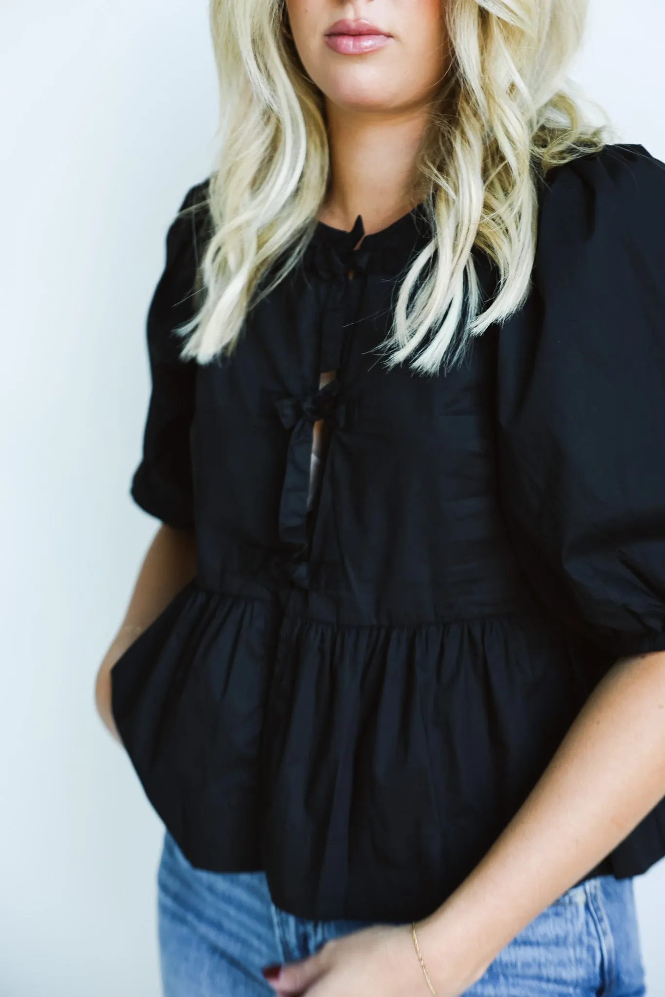 Black Puff-Sleeve Tie-Front Blouse