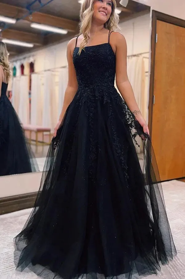 Black Tulle Lace Spaghetti Straps Backless Prom Dresses, Evening Dresses, SP926