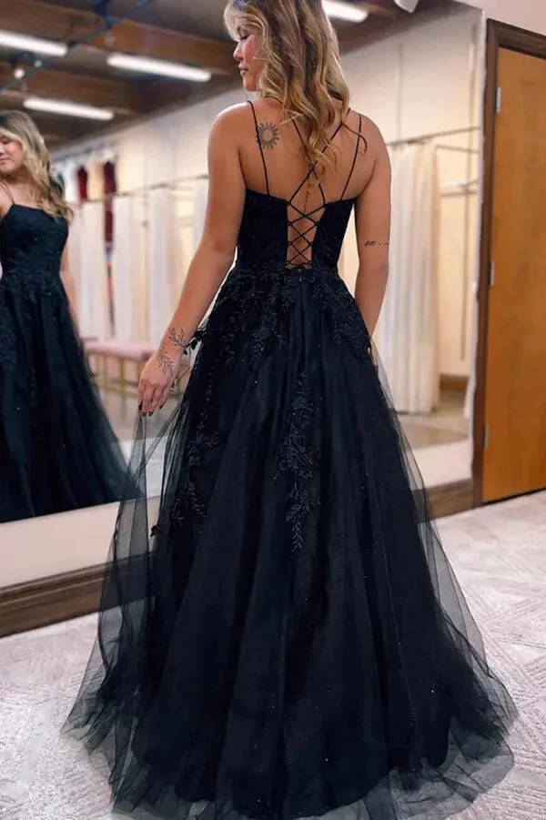 Black Tulle Lace Spaghetti Straps Backless Prom Dresses, Evening Dresses, SP926