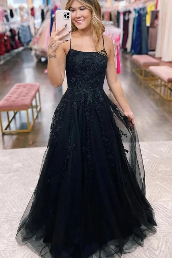 Black Tulle Lace Spaghetti Straps Backless Prom Dresses, Evening Dresses, SP926