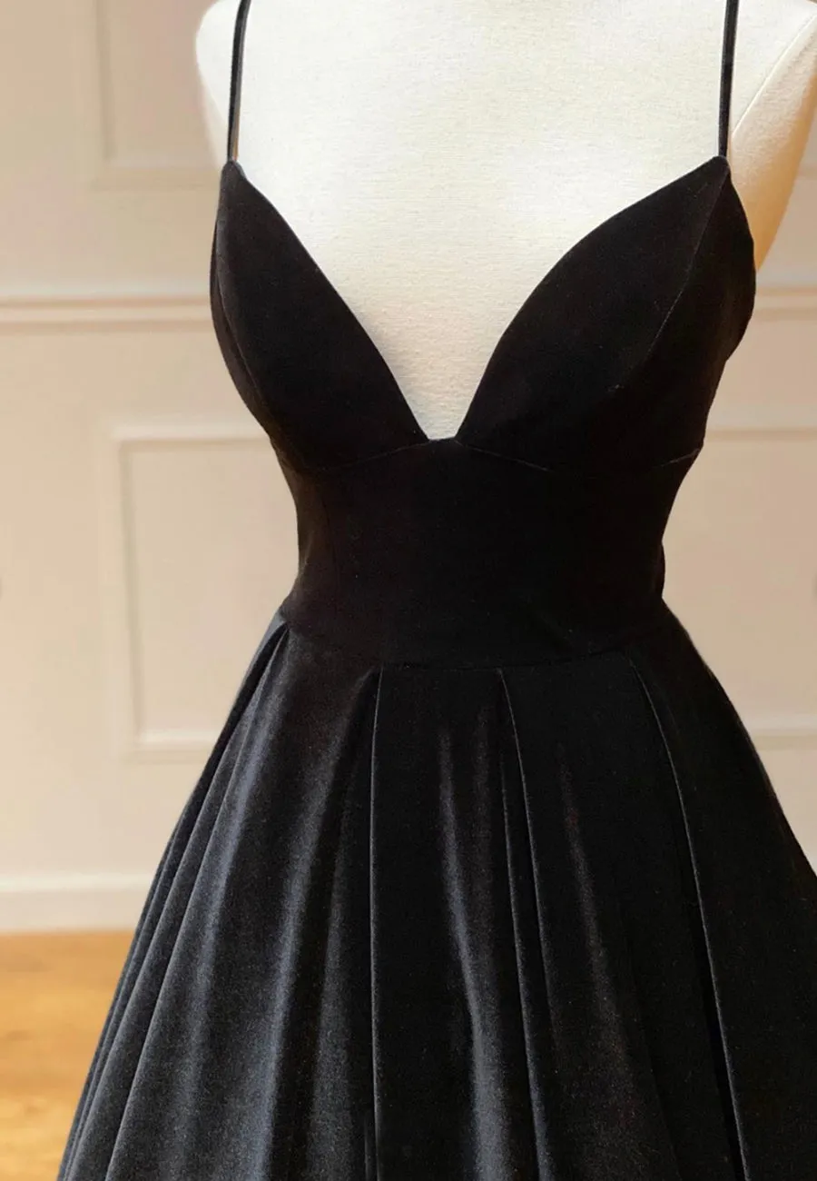 Black v neck velvet prom dress evening dress P0117