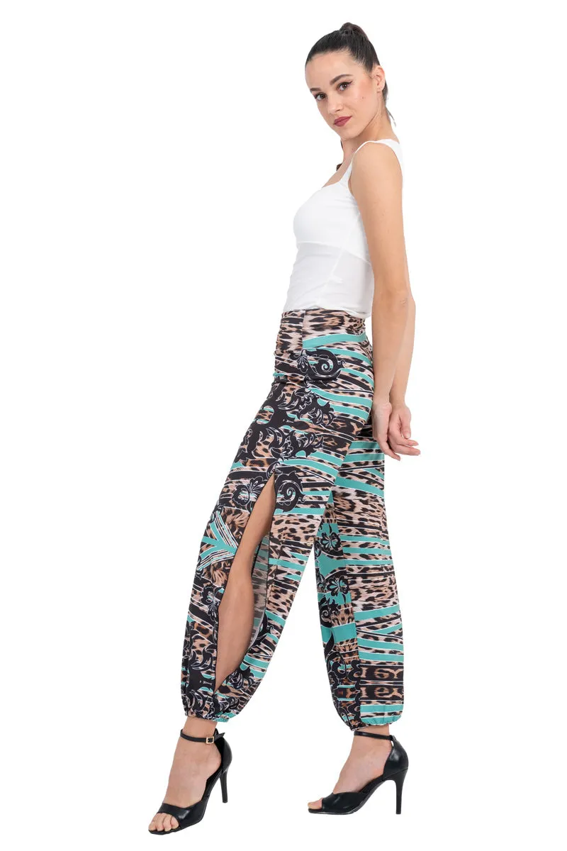 Blue Abstract Animal Print Babucha Tango Pants With Slits