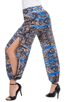 Blue Abstract Animal Print Babucha Tango Pants With Slits