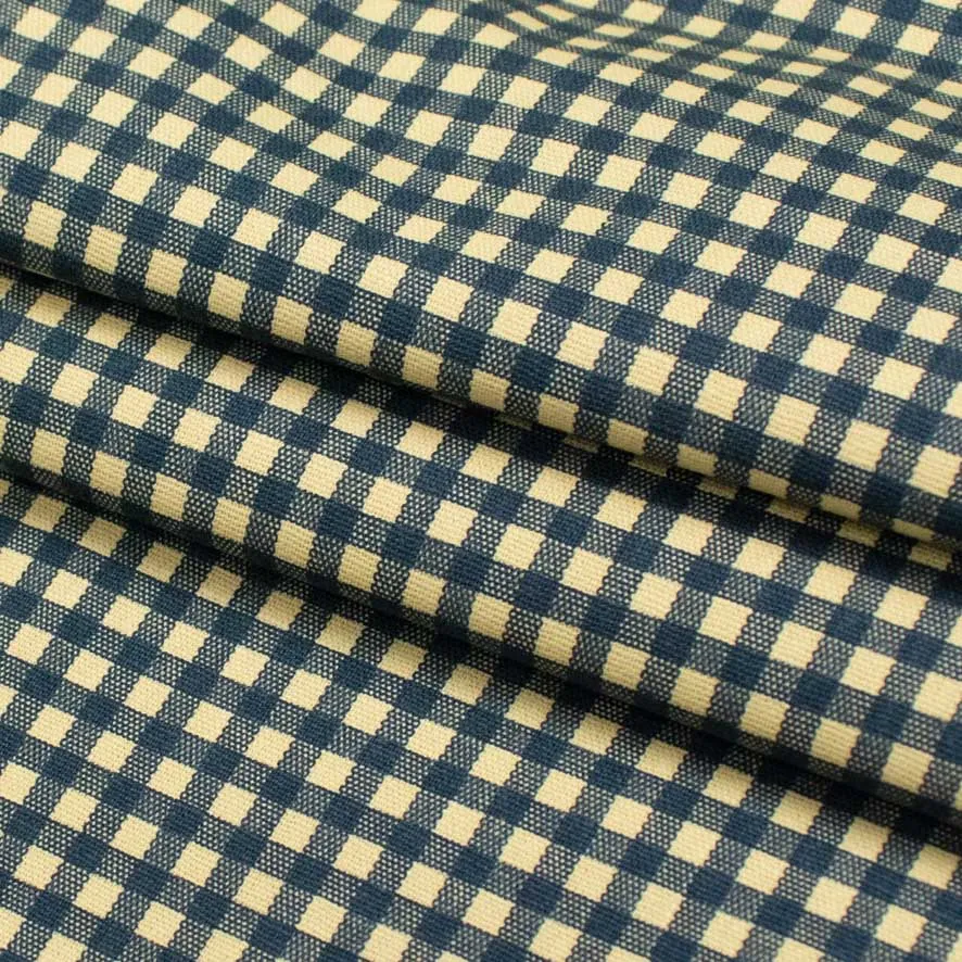 Blue Small Gingham Checks on Cream Cotton Canvas Print