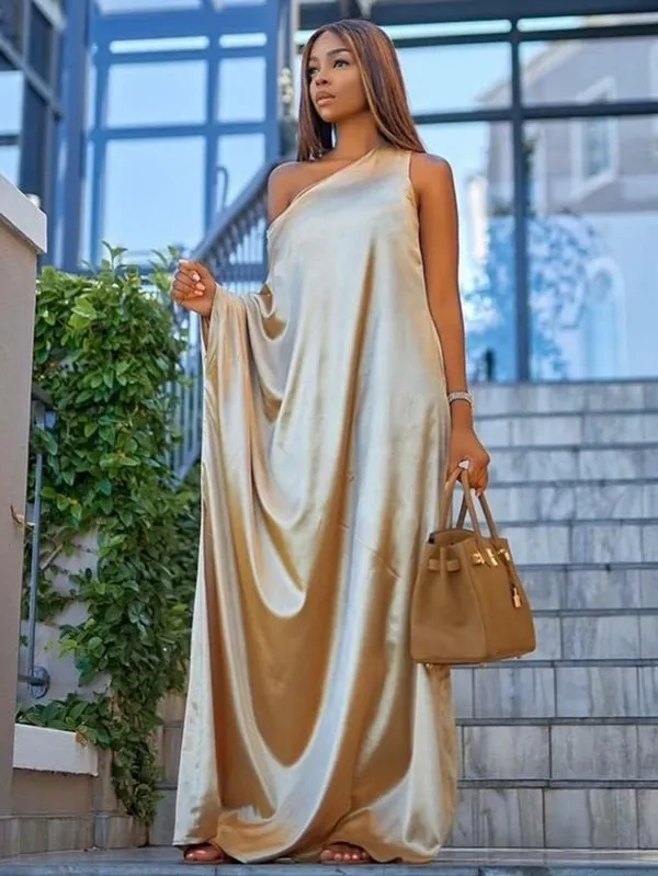 Casual Loose Asymmetric Solid Color One-Shoulder Maxi Dresses