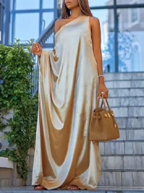 Casual Loose Asymmetric Solid Color One-Shoulder Maxi Dresses