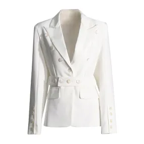 Chic Peak Lapel V Neck Padded Long Sleeve Button Up Tailored Belted Blazer