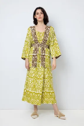 Choice Patterned Kimono Outerwear With Belt Lime