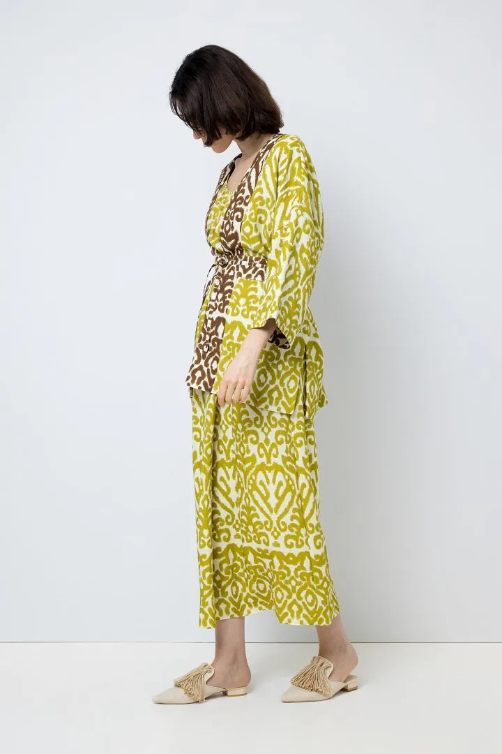 Choice Patterned Kimono Outerwear With Belt Lime