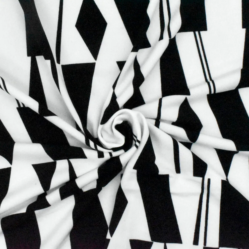 Classic Black-White Geometry Printed Stretch Polyester ITY Knit Fabric