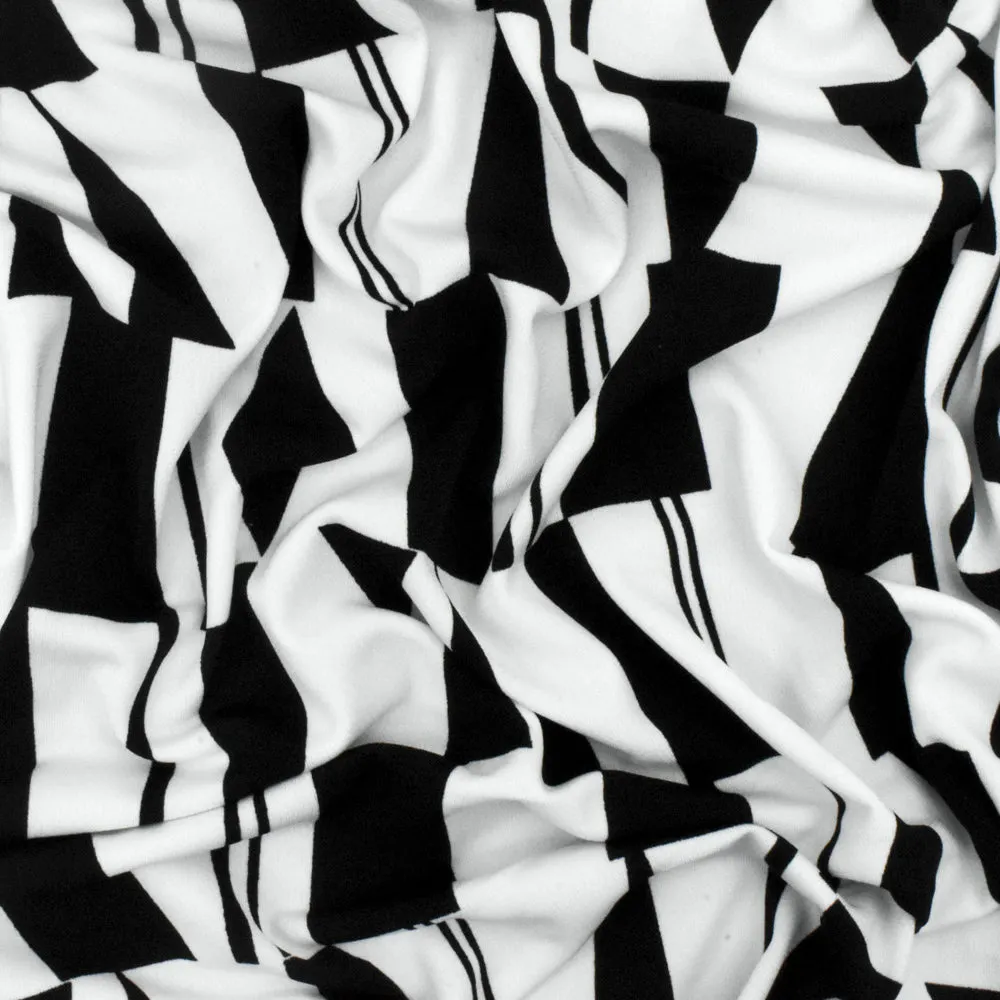 Classic Black-White Geometry Printed Stretch Polyester ITY Knit Fabric