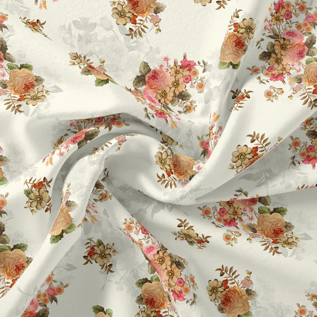 Classic Multicolor Roses With Leaves Digital Printed Fabric - Silk Crepe