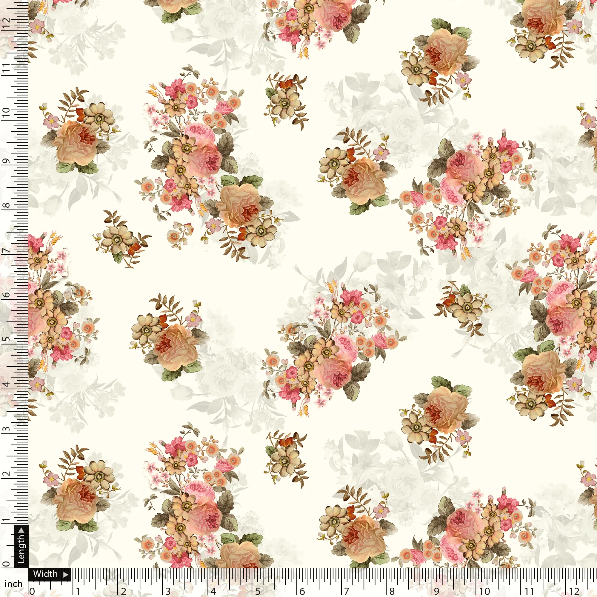 Classic Multicolor Roses With Leaves Digital Printed Fabric - Silk Crepe