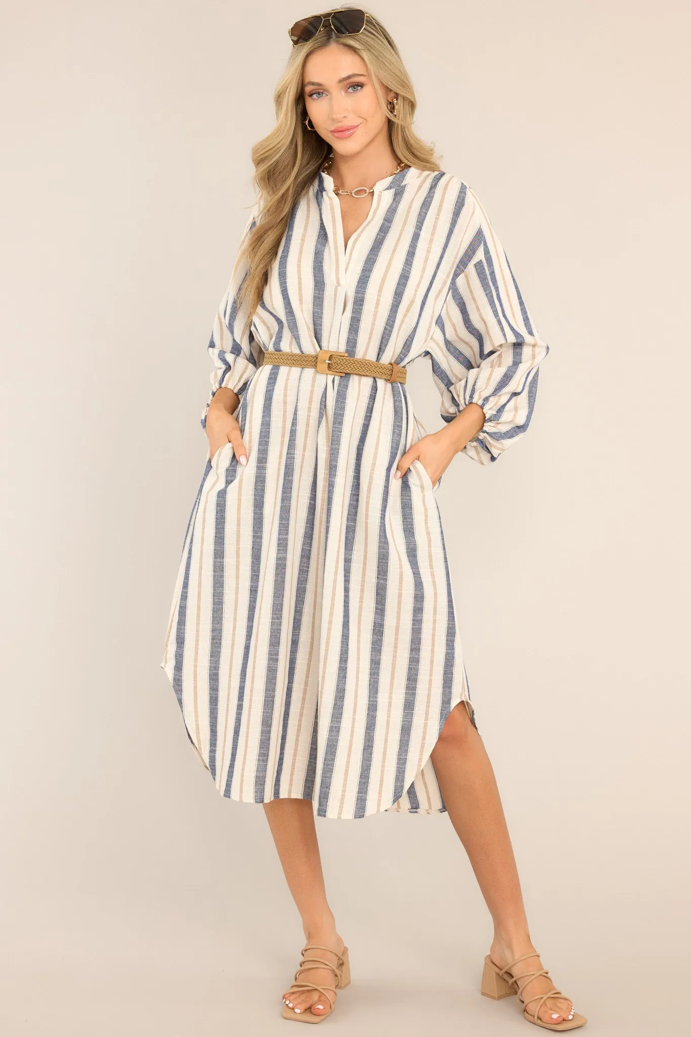 Coastal Charm Dusty Blue Stripe Midi Dress