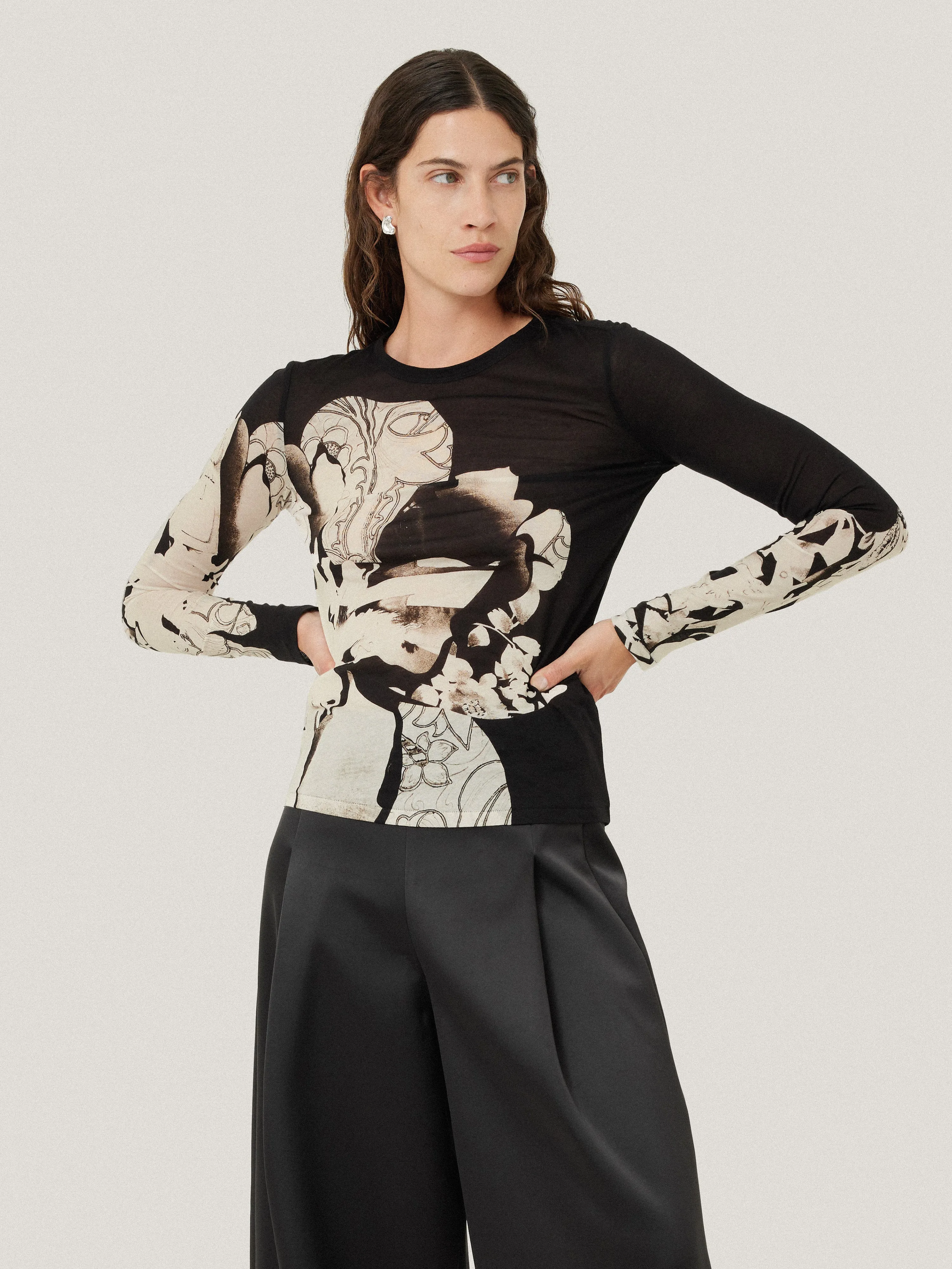 Collage Print Long Sleeve Top | Black