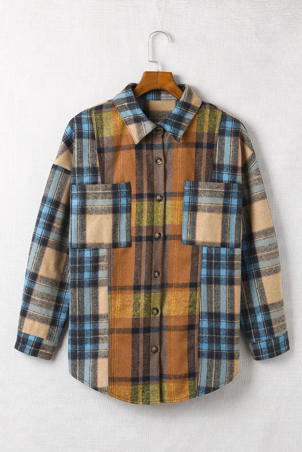 Colors of Fall Plaid Curved Hem Shirt Jacket