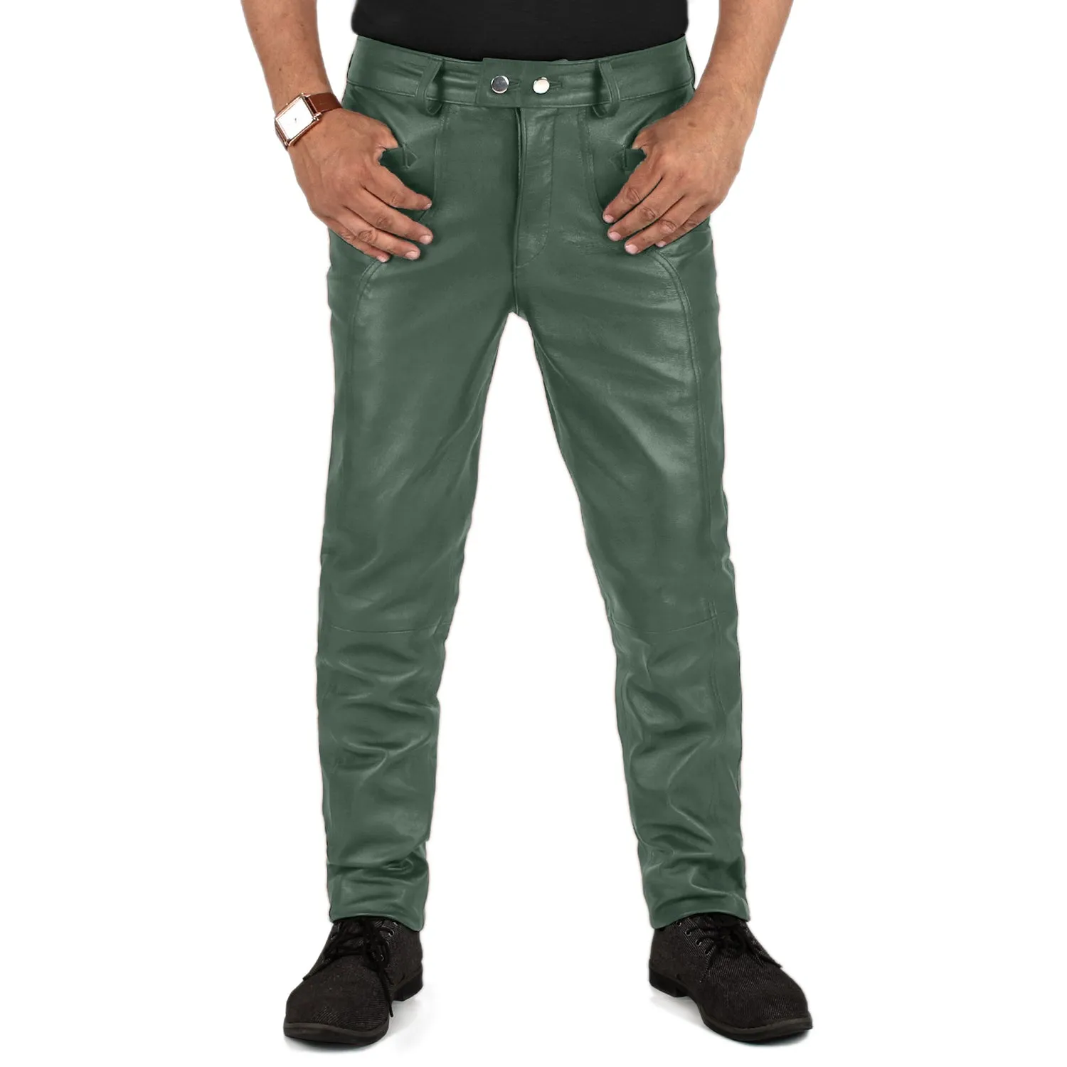 Crionis Men's Green Slim Fit Leather Pants