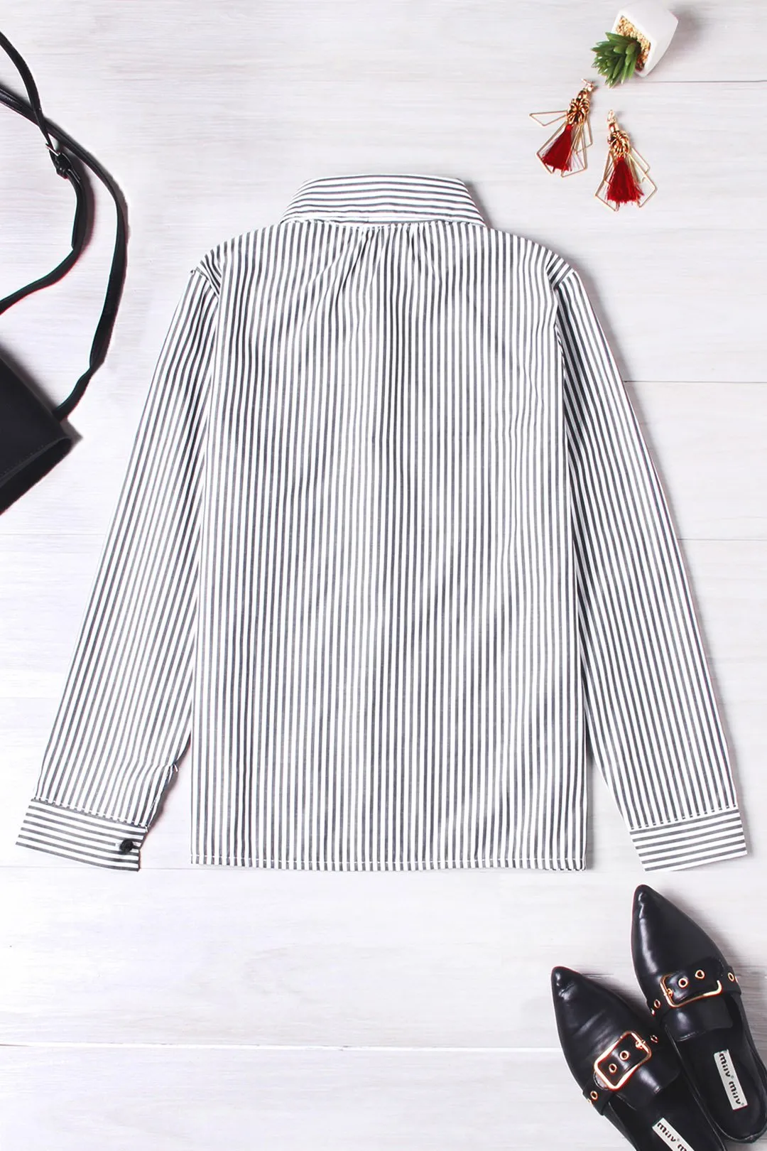 Custom Classic Collar Stripe Two Large Pockets Long Sleeve Blouses