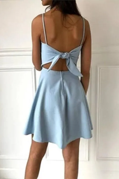 Cute Simple Light Blue Spaghetti Strap A-line Short Homecoming Dresses, SH510