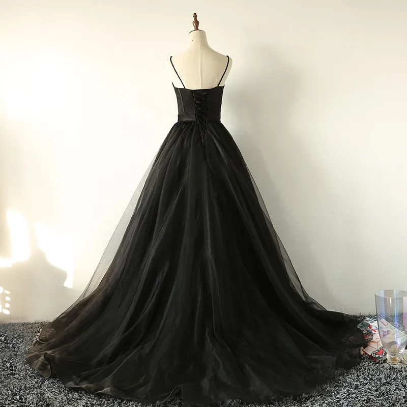 Elegant Black Straps Tulle Sweetheart Prom Dress, Black Party Dress KS3470