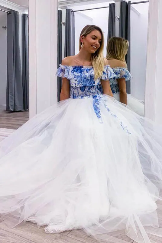 Elegant Blue White Tulle Long Prom Dress, Off-the-Shoulder Evening Gown GP299