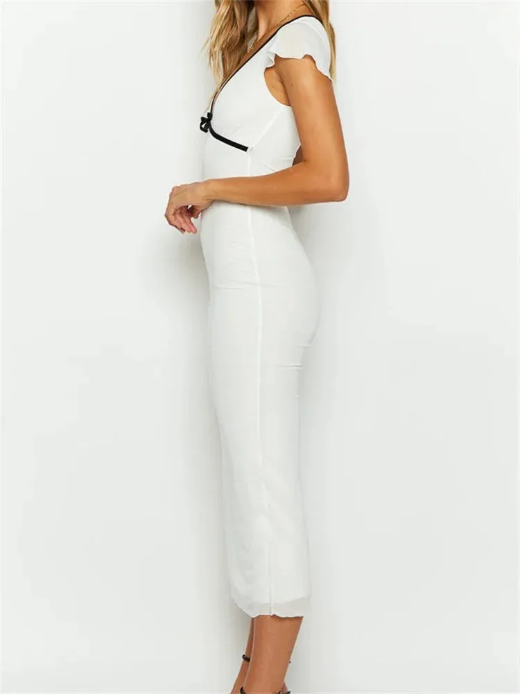 Elegant Summer Skinny White Short Sleeve Deep V Neck Contrast Midi Dress