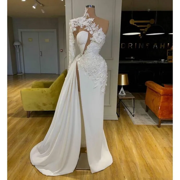 Exquisite Lace White Prom Dresses High Neck One Shoulder Long Sleeve Formal Evening Gowns Side Split Robes De Mariée T2781