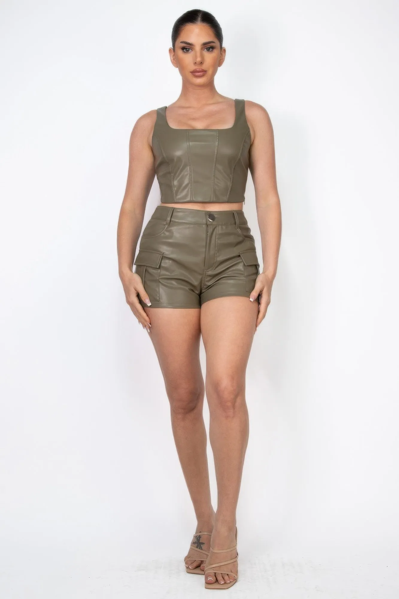 Faux Leather Square Zippered Crop Top