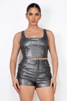 Faux Leather Square Zippered Crop Top