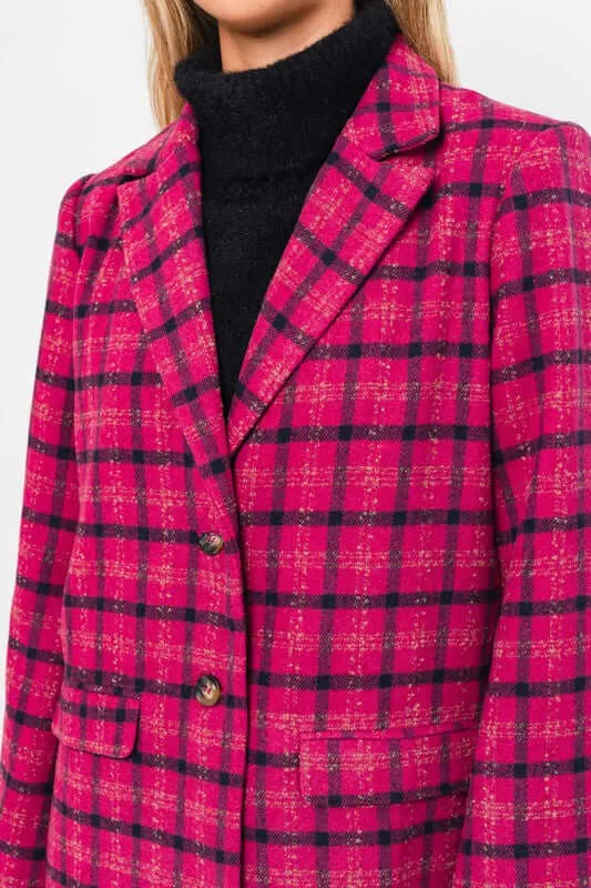 Fuchsia Plaid Single Button Blazer Coat