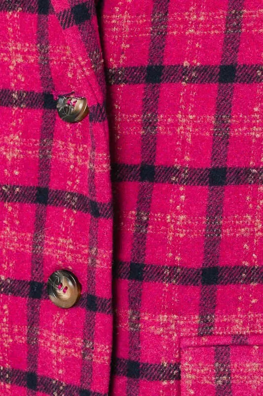 Fuchsia Plaid Single Button Blazer Coat