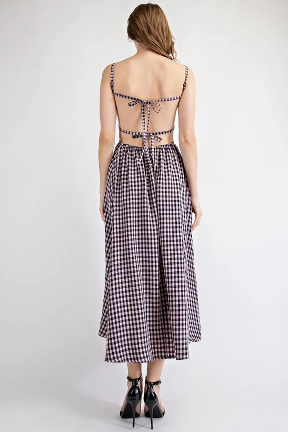 Gingham Midi Dress with Open Back Strap PINK/NAVY