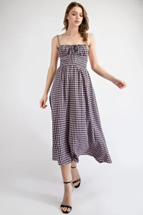 Gingham Midi Dress with Open Back Strap PINK/NAVY