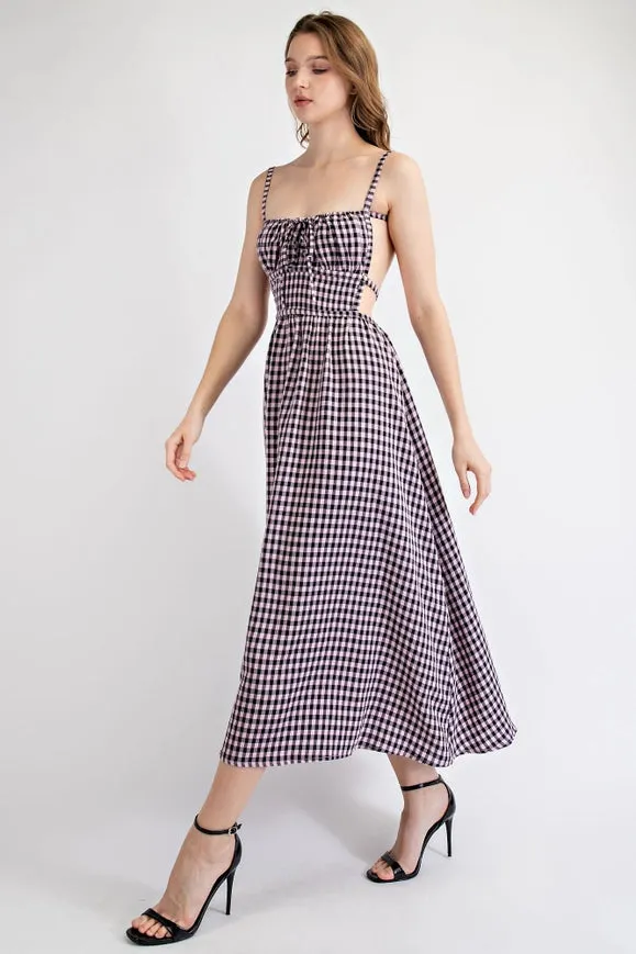 Gingham Midi Dress with Open Back Strap PINK/NAVY