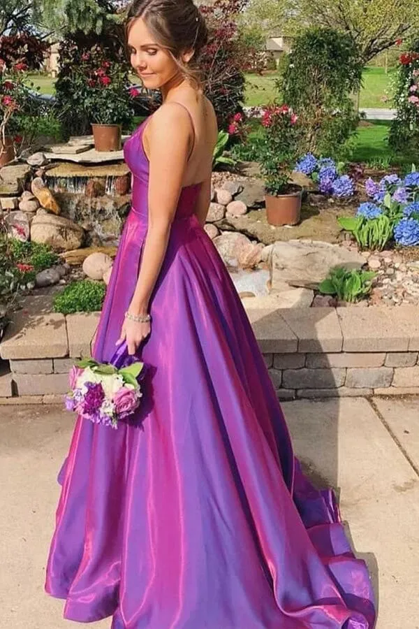 Grape Satin A-line V-neck Spaghetti Straps Prom Dresses With Pockets, SP959