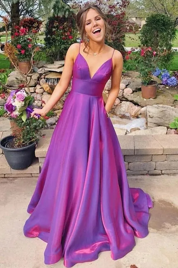 Grape Satin A-line V-neck Spaghetti Straps Prom Dresses With Pockets, SP959