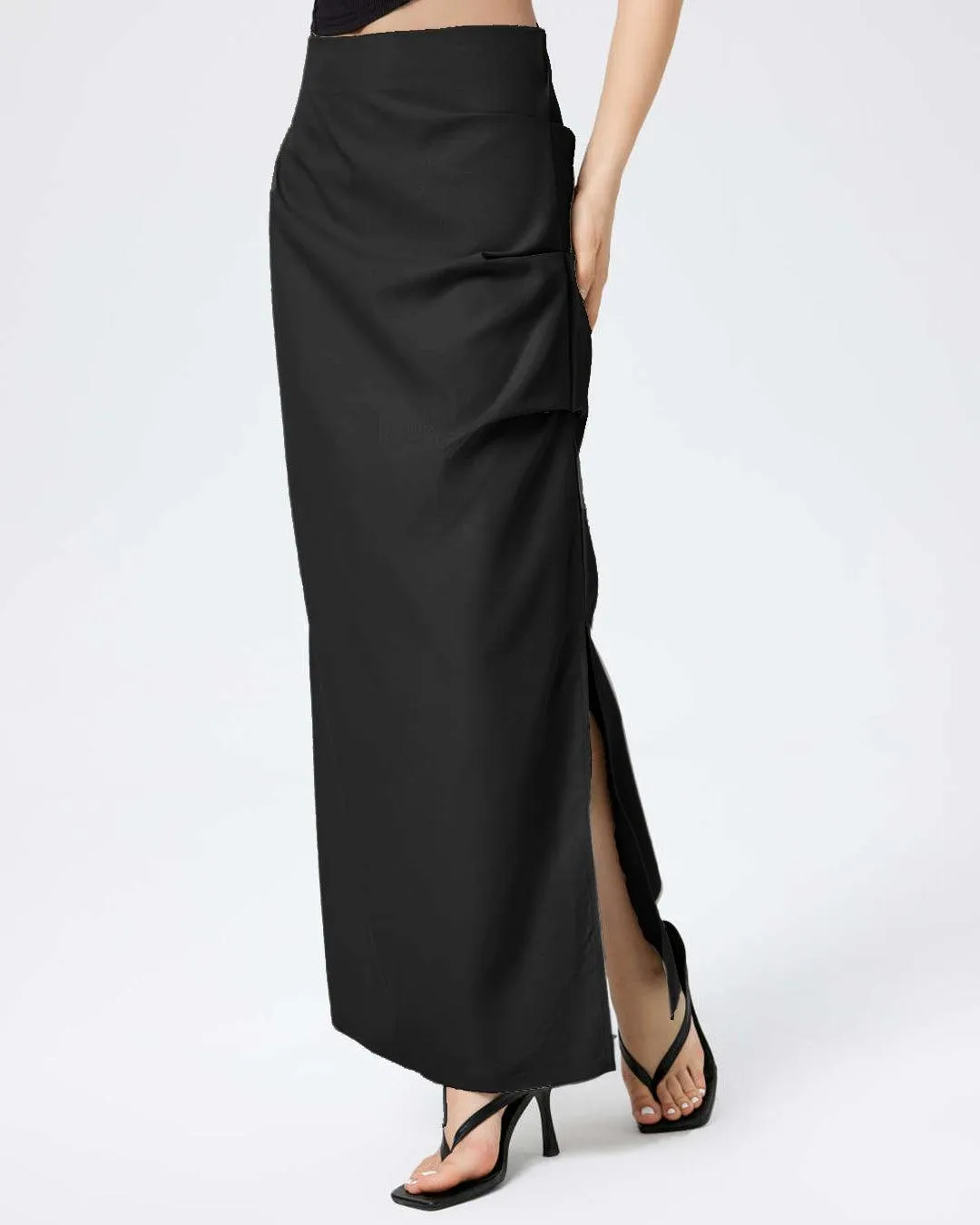 High Waist Ruched Asymmetrical Side Slit Skirt In Black