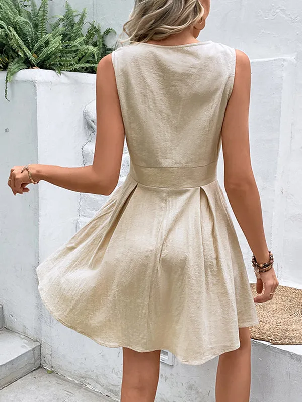 High Waisted Sleeveless Solid Color V-Neck Mini Dresses