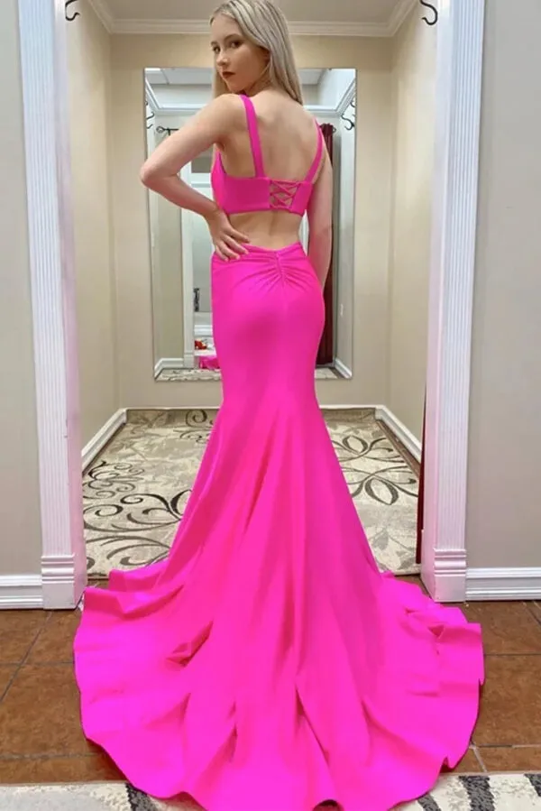 Hot Pink Mermaid Satin Lace Up Back Long Prom Dresses, Evening Dress, SP724