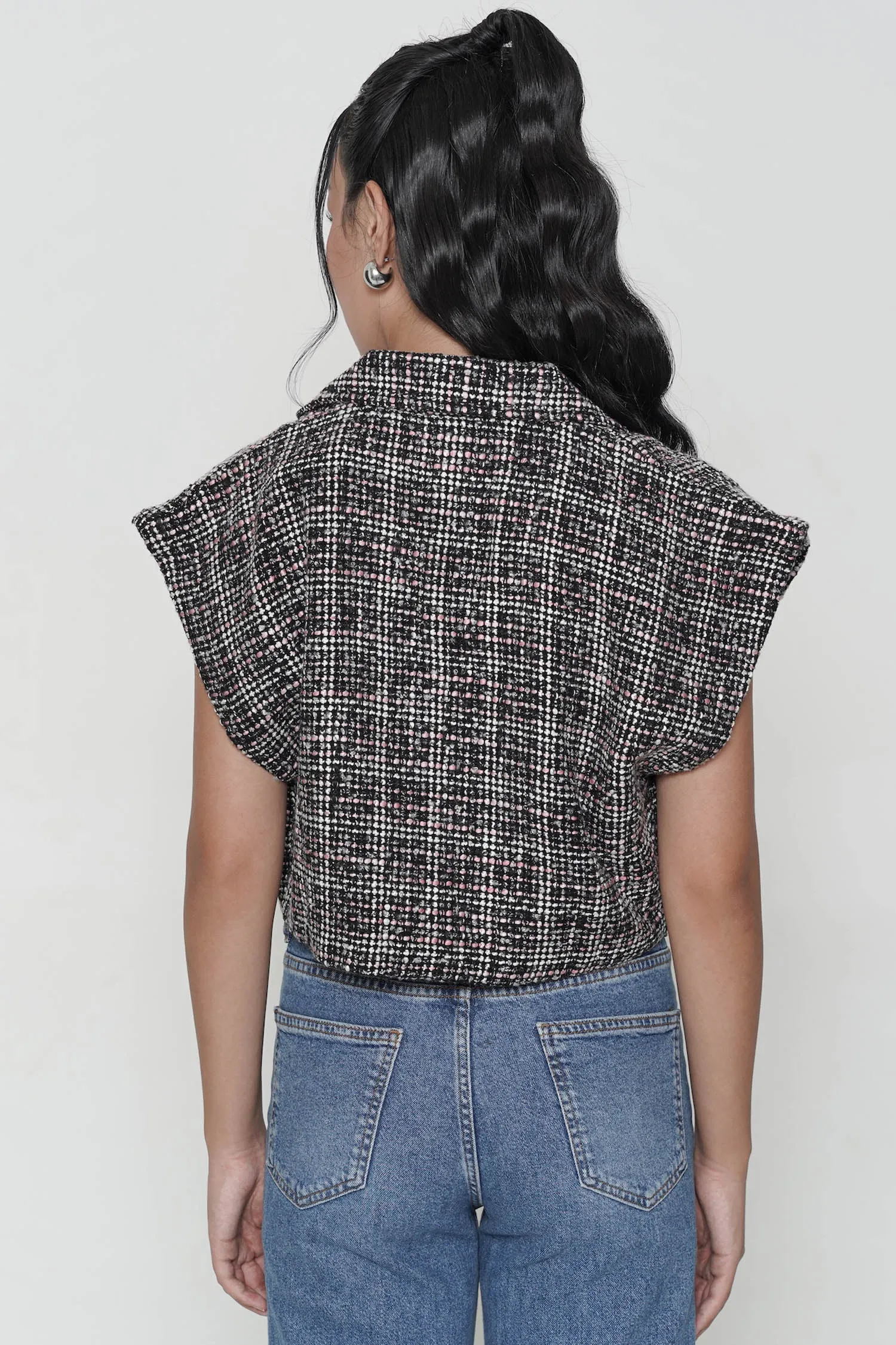 Idina Tweed Crop Vest In Blush Noir Check