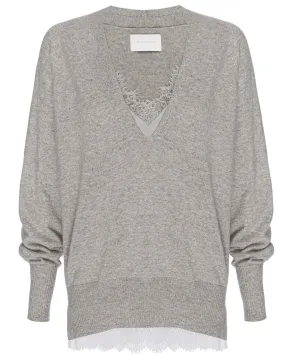 Light Chai Melange Lace Layered Vee Pullover