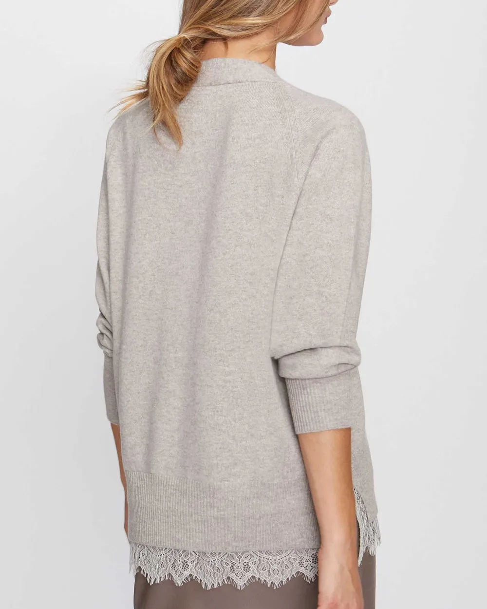 Light Chai Melange Lace Layered Vee Pullover