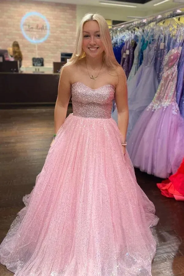 Light Pink Sparkly Tulle A-line Strapless Prom Dresses, Party Dresses, SP965