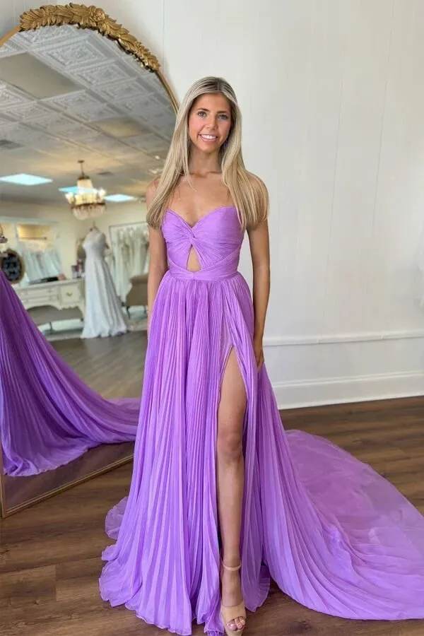 Lilac Chiffon A-line Strapless Keyhole Long Prom Dresses, Party Dresses, SLP029