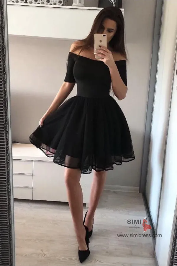 Little Black A-line Off-the-Shoulder Homecoming Dresses With Tulle Skirt, SH547